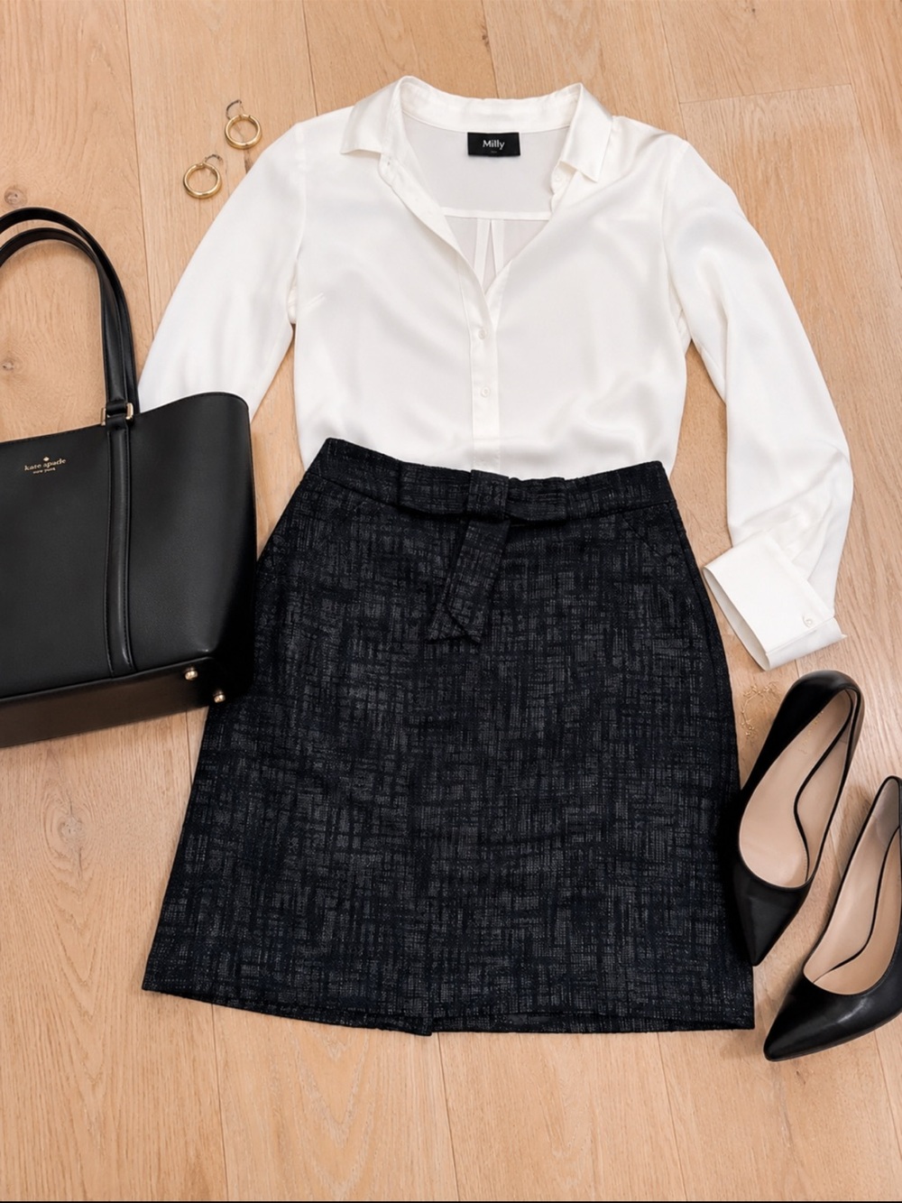 Milly Black tweed  Textured Pencil Skirt with Front Tie 10‎